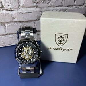 Poedagar Silver and Black Skeleton Automatic Watch